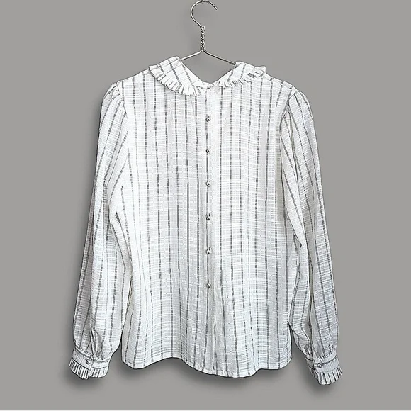 Vintage Simon Chang Box Pleat Peter Pan Collar Faux Pearl Button Down Blouse - Picture 4 of 7